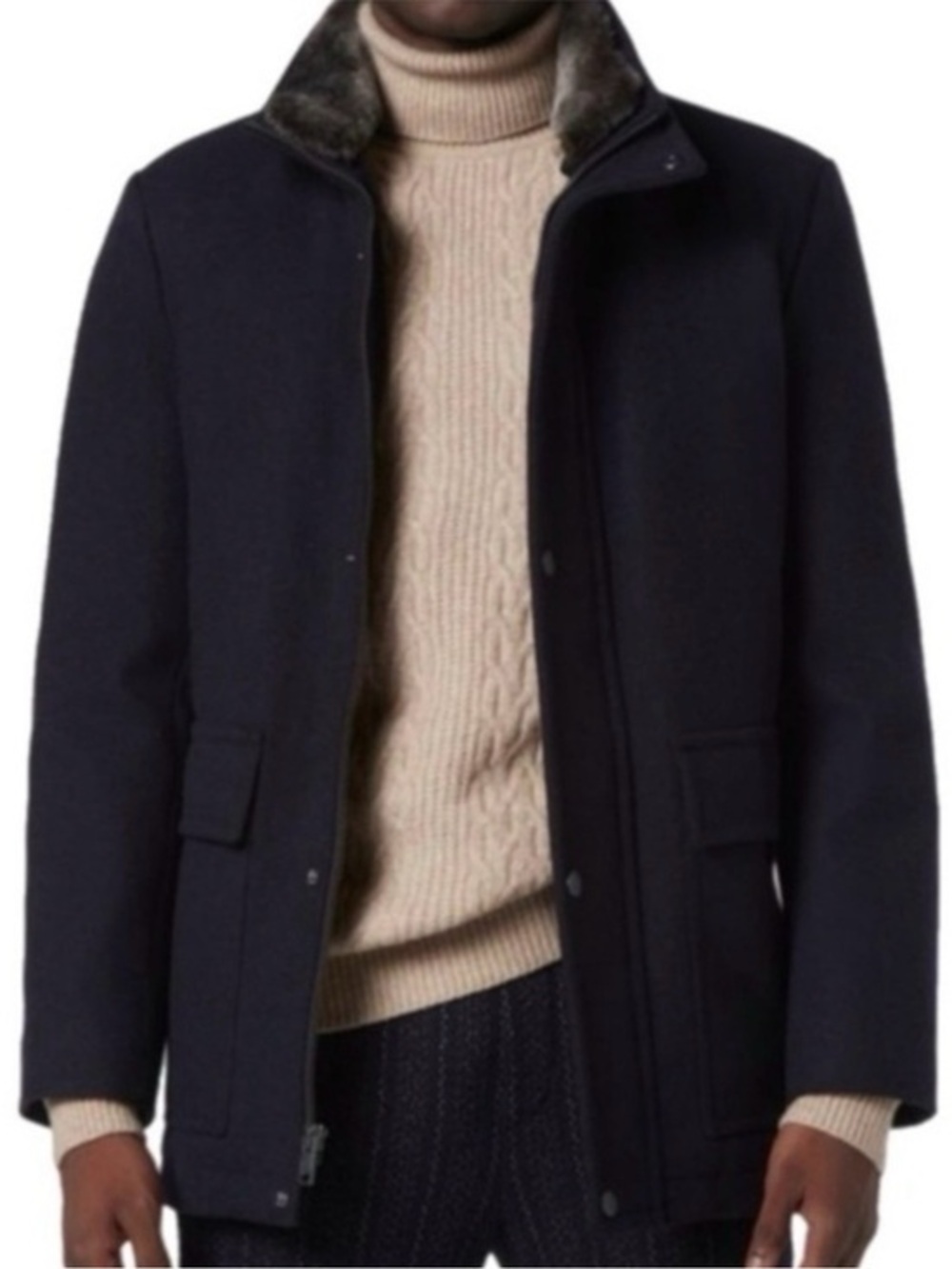 Andrew Marc | Bowery Coat Black Jacket with Brown Faux Fur Collar